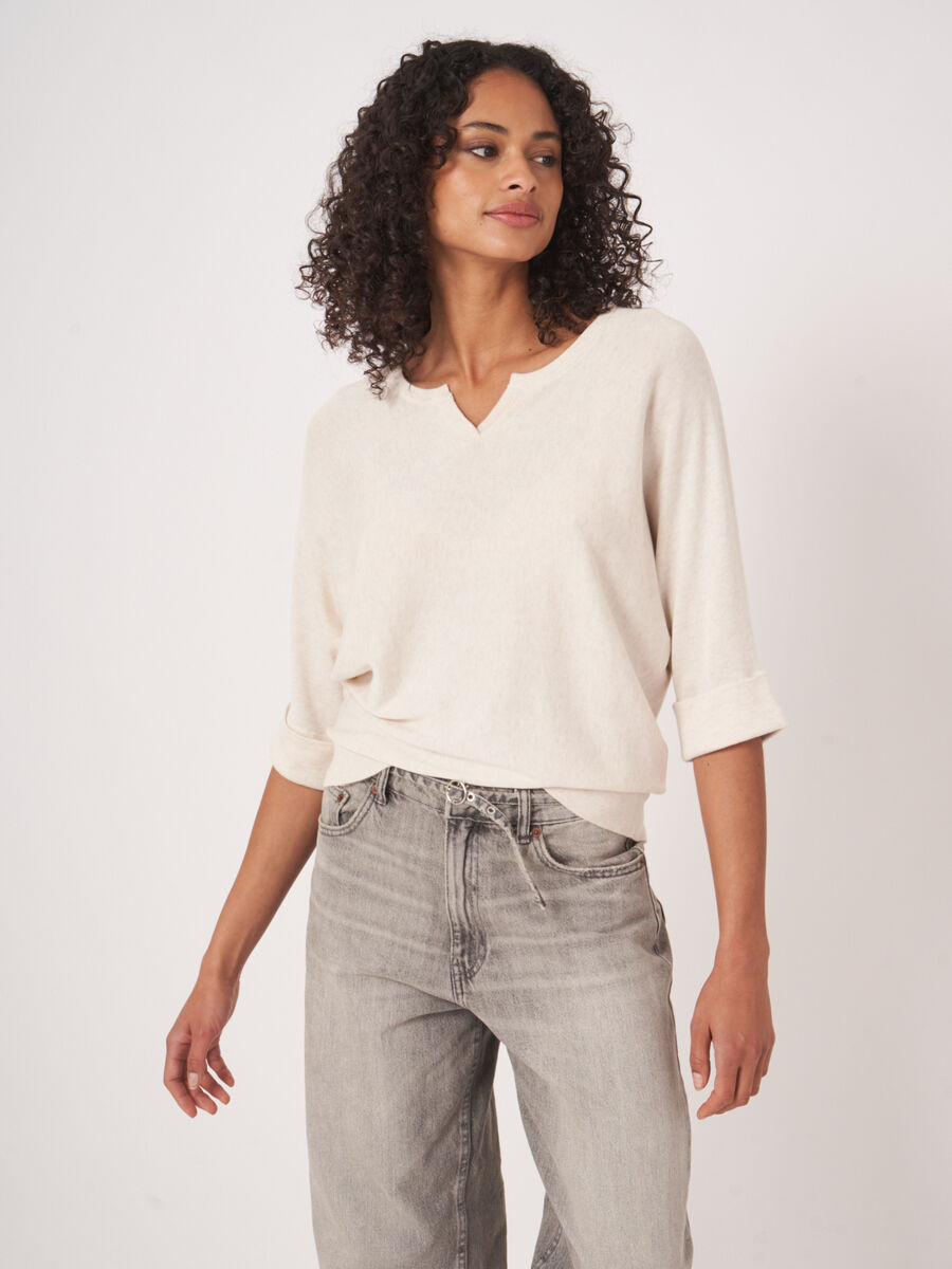 Loose fit cotton blend fine knit batwing sweater image number 1