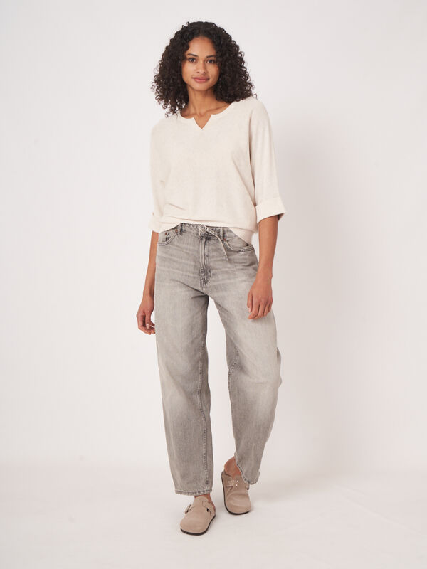 Loose fit cotton blend fine knit batwing sweater image number 5