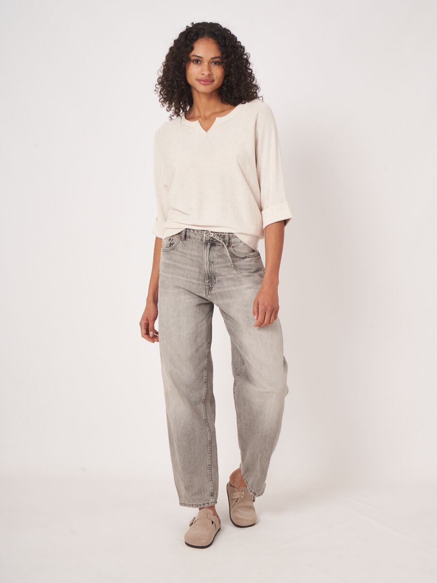 Loose fit cotton blend fine knit batwing sweater image number 5
