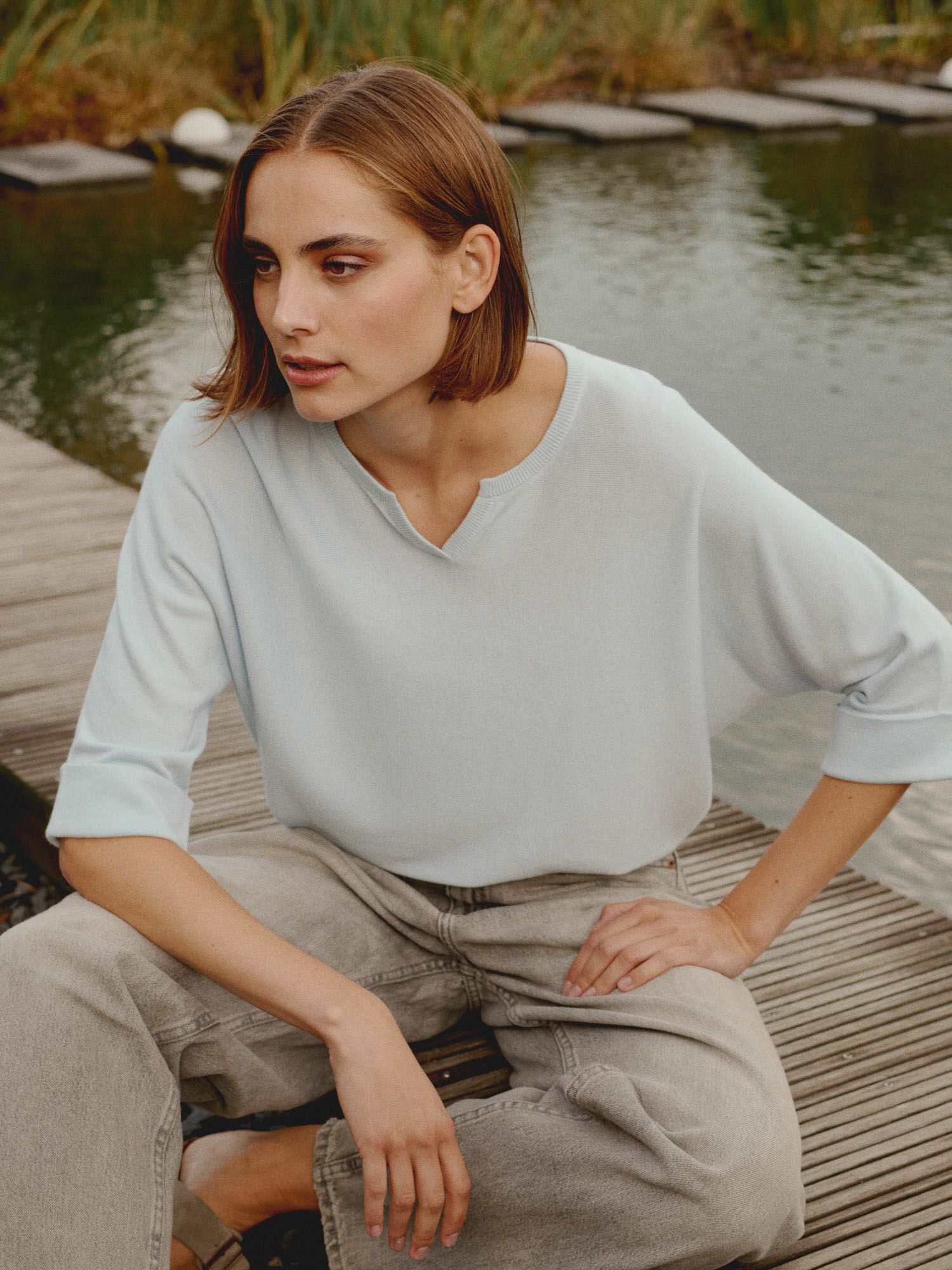 REPEAT cashmere Losvallende fijn gebreide batwing trui van katoenmix