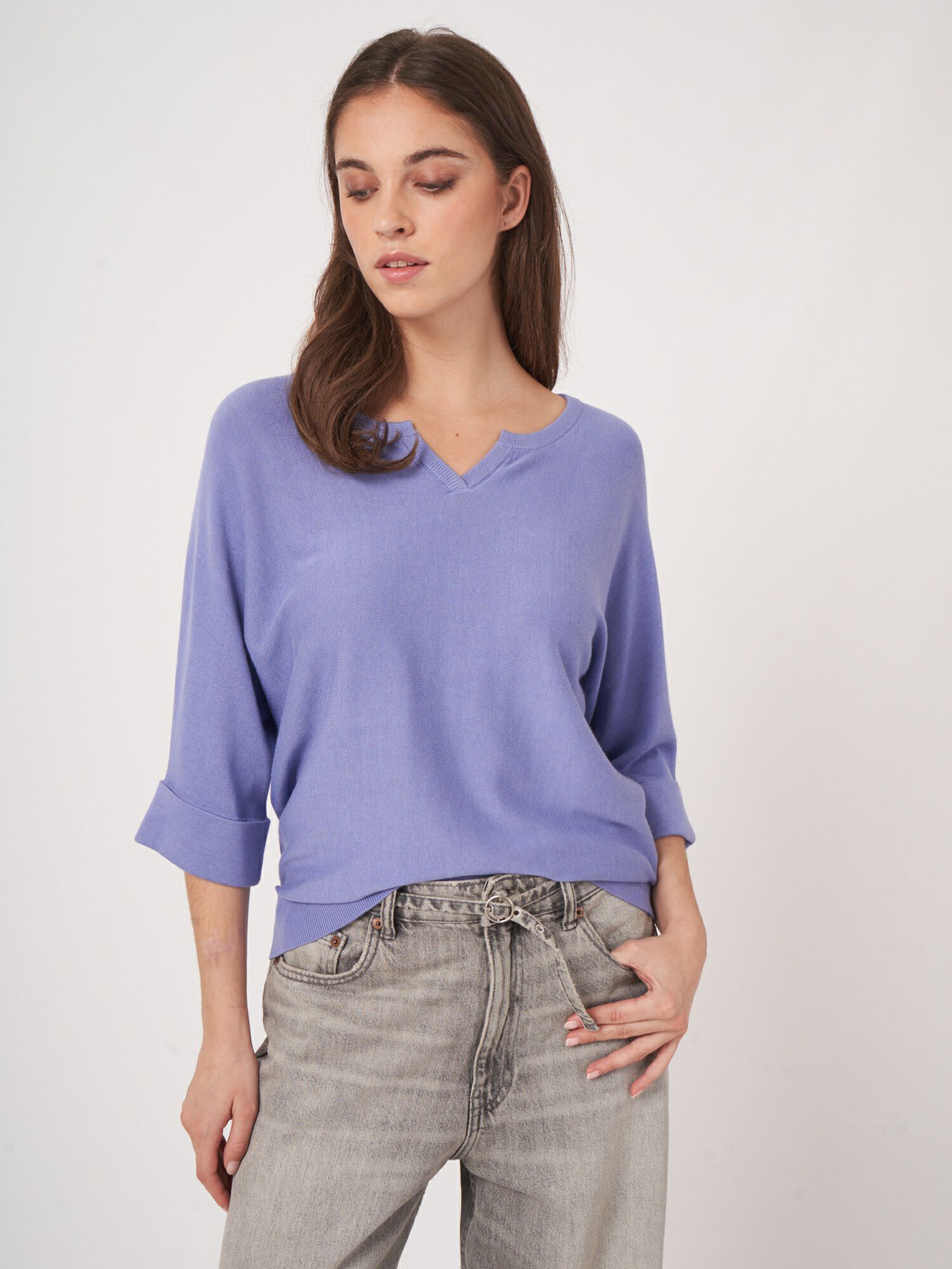 REPEAT cashmere Losvallende fijn gebreide batwing trui van katoenmix