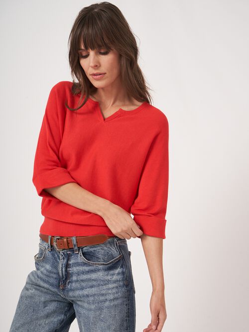 Loose fit cotton blend fine knit batwing sweater