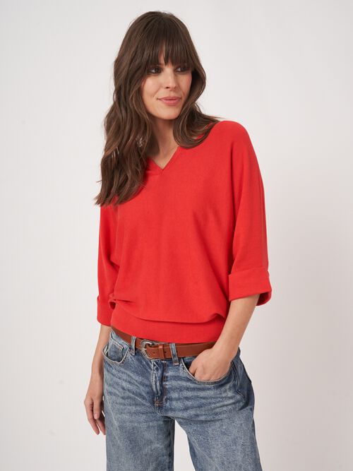 Loose fit cotton blend fine knit batwing sweater