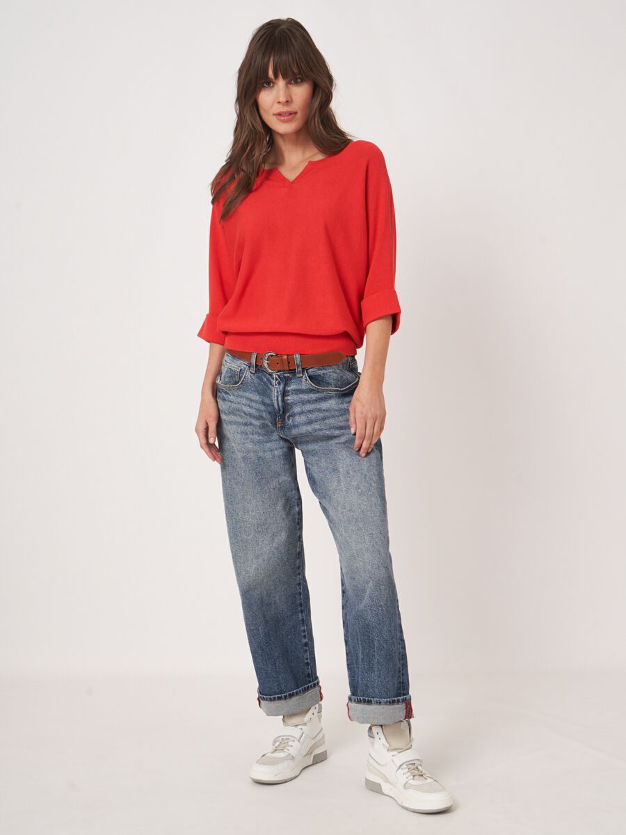 Losvallende fijn gebreide batwing trui van katoenmix image number 4