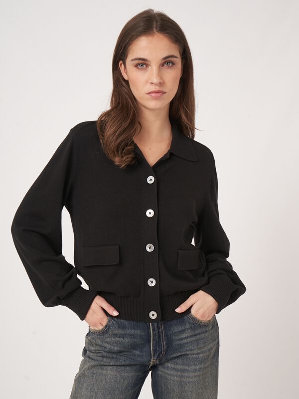 Fine knit cotton blend polo neck cardigan image number 0