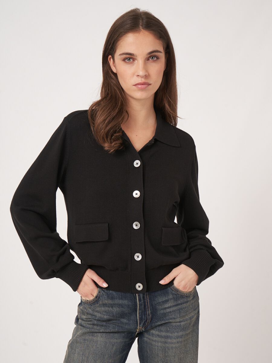 Cardigan à col polo en maille fine en mélange de coton  image number 0