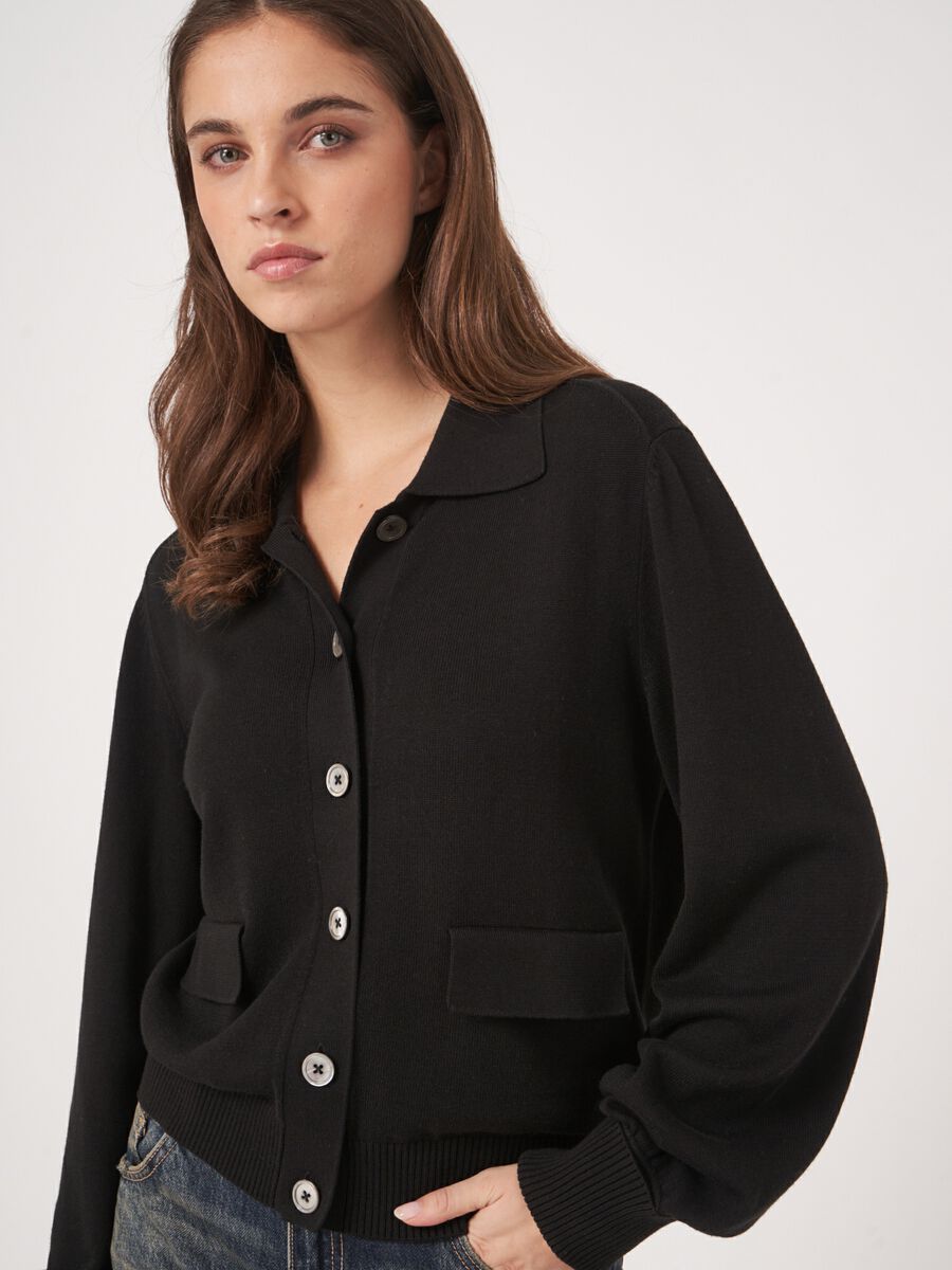 Fine knit cotton blend polo neck cardigan image number 2