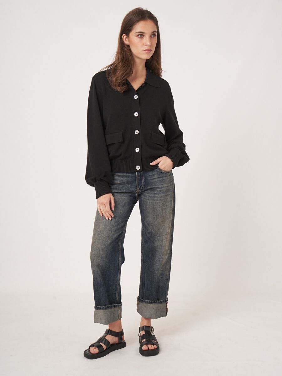 Fine knit cotton blend polo neck cardigan image number 5