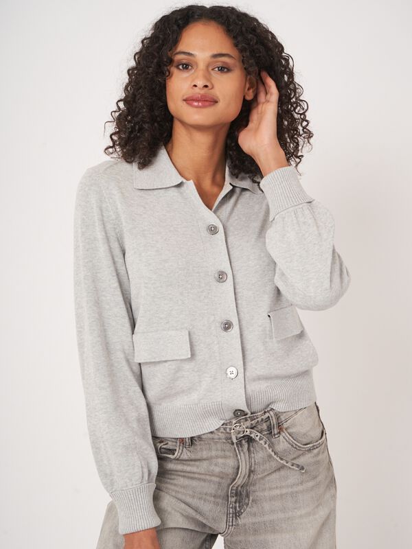 Fine knit cotton blend polo neck cardigan image number 0