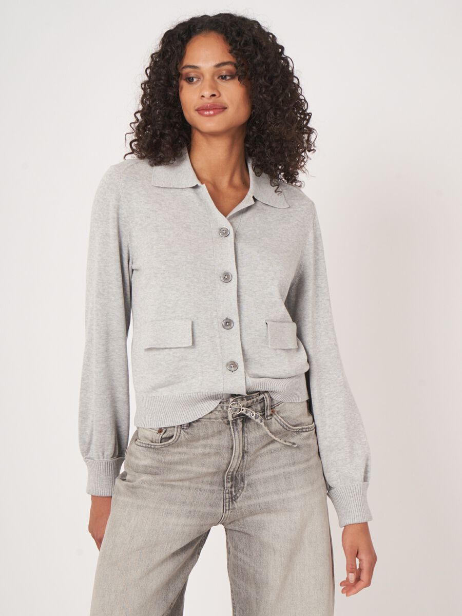 Kurzarm-Feinstrickjacke mit Polokragen aus Baumwollmischung image number 1