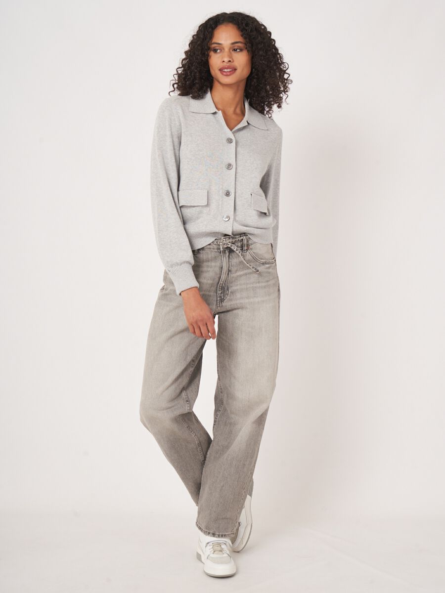 Kurzarm-Feinstrickjacke mit Polokragen aus Baumwollmischung image number 4