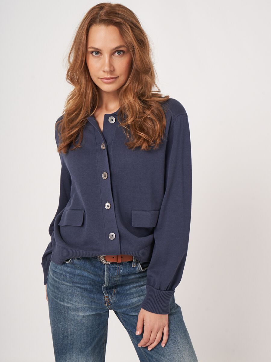 Fine knit cotton blend polo neck cardigan image number 0