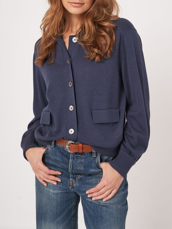 Kurzarm-Feinstrickjacke mit Polokragen aus Baumwollmischung image number 2