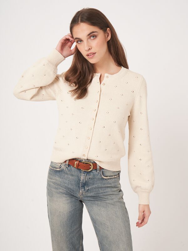 Pointelle Strickjacke mit Perlknöpfen aus reiner Baumwolle image number 0
