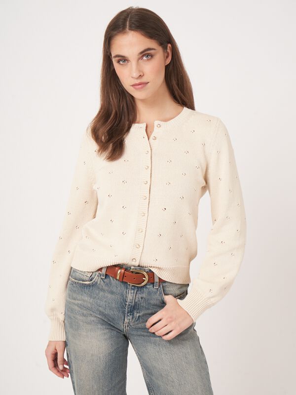 Pure cotton pointelle cardigan with pearl buttons image number 4