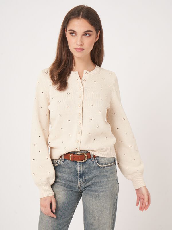 Pure cotton pointelle cardigan with pearl buttons image number 5