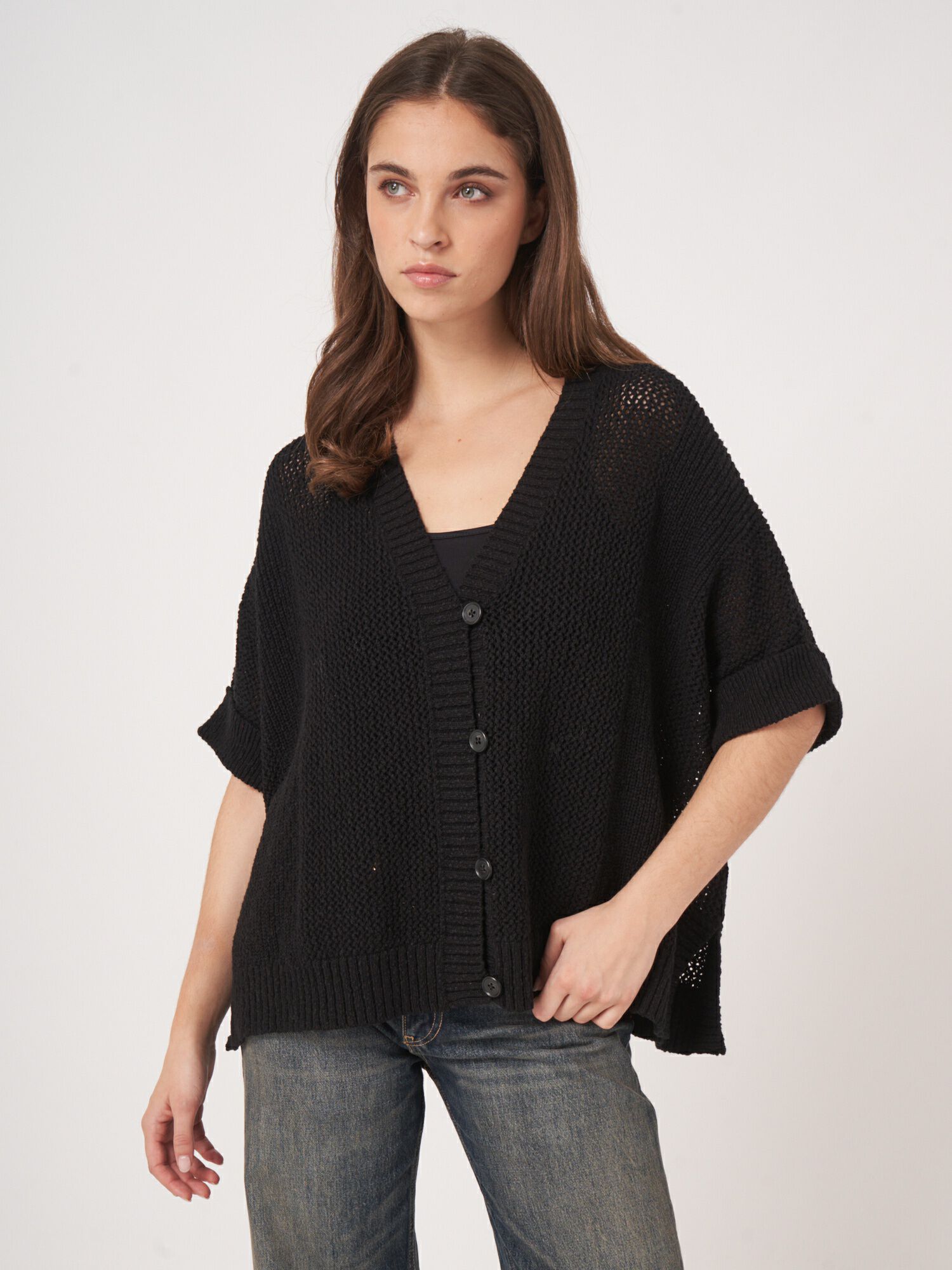REPEAT cashmere Grof gebreid ajour poncho vest