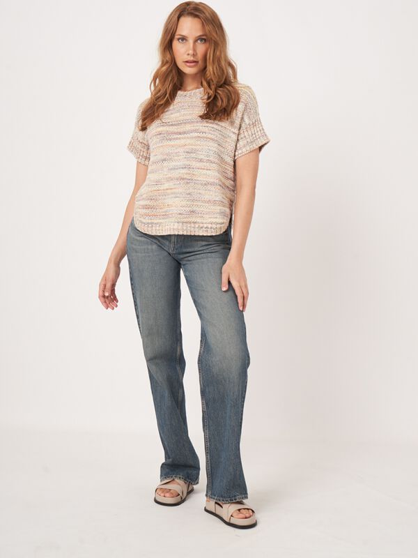 Multicolor Italian cotton textured short sleeve sweater image number 6