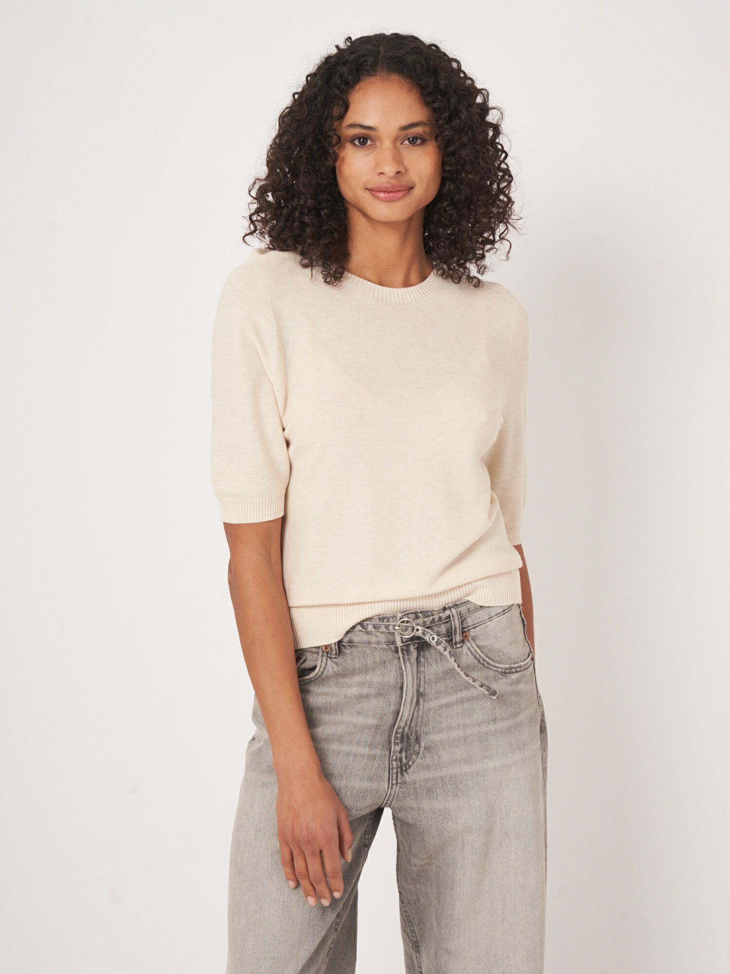 REPEAT cashmere Trui met korte mouw van cashmere en katoen