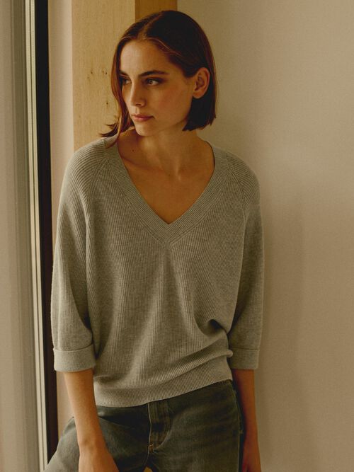 Cotton cashmere blend rib knit sweater