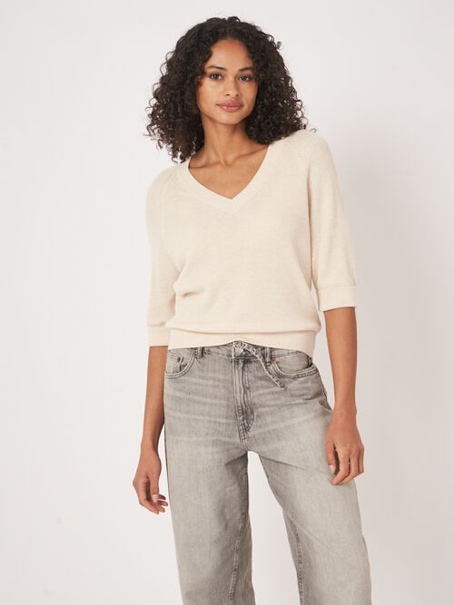 Cotton cashmere blend rib knit sweater