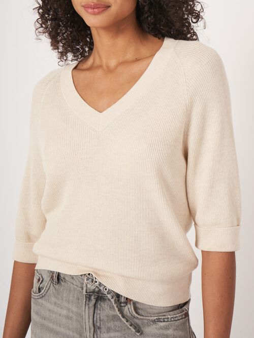 Cotton cashmere blend rib knit sweater