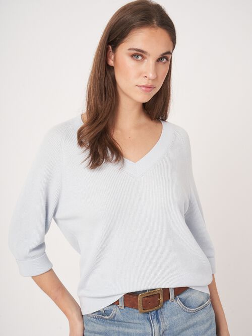 Cotton cashmere blend rib knit sweater
