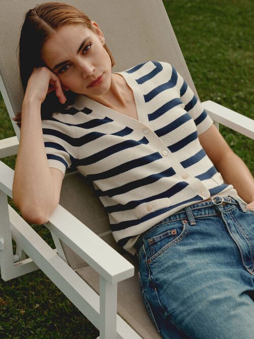 Gestreept vest met korte mouw van cashmere en katoen