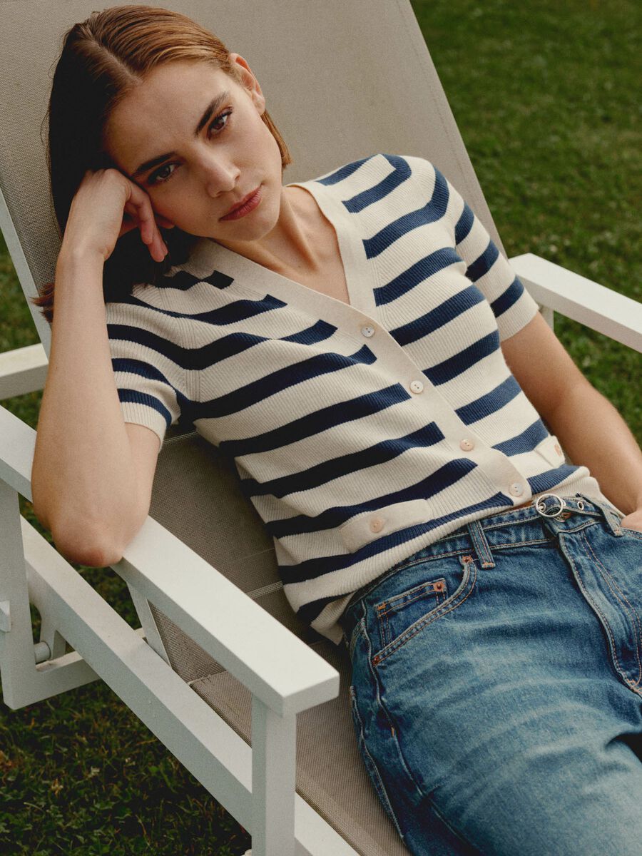 Short sleeve rib knit striped cardigan image number 0