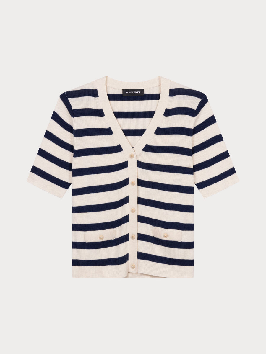 Short sleeve rib knit striped cardigan image number 1