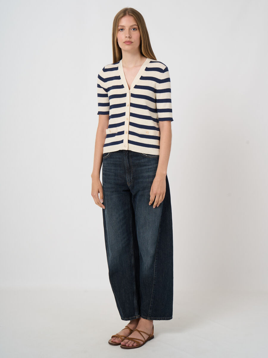 Short sleeve rib knit striped cardigan image number 2
