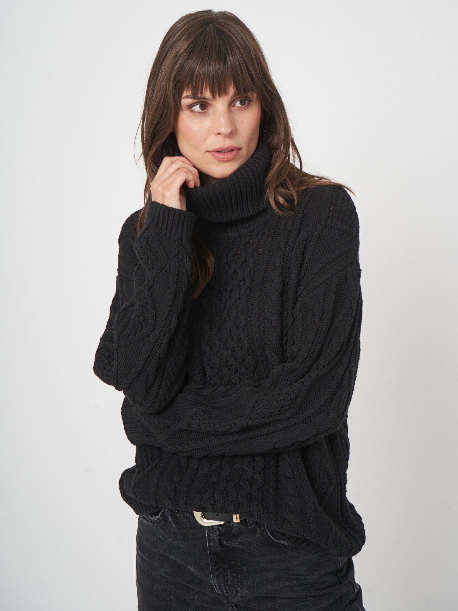 REPEAT cashmere Chunky katoenen trui met kabelpatroon