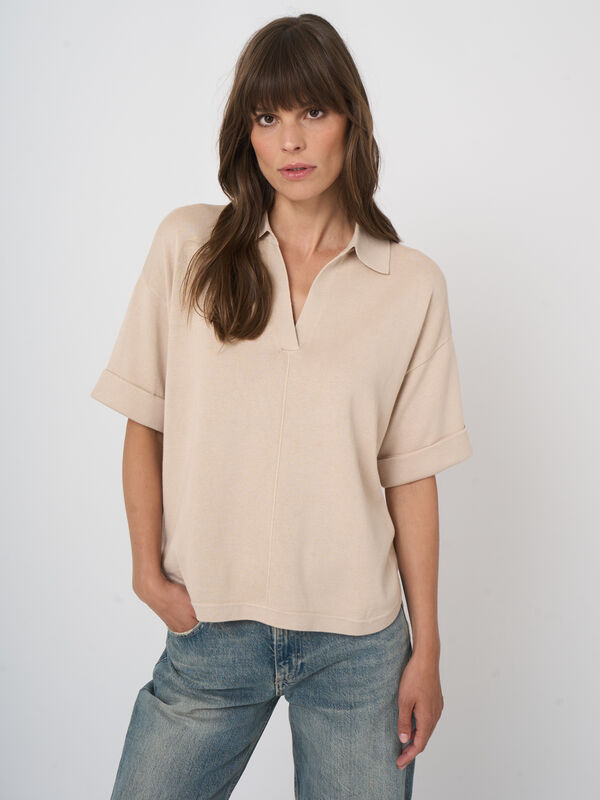 Pull col polo en maille coton-viscose image number 1
