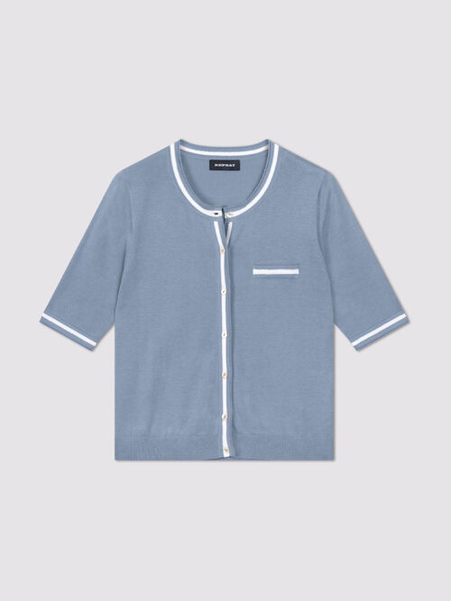 Kurzarm-Cardigan aus Baumwoll-Viskose mit Kontraststreifen