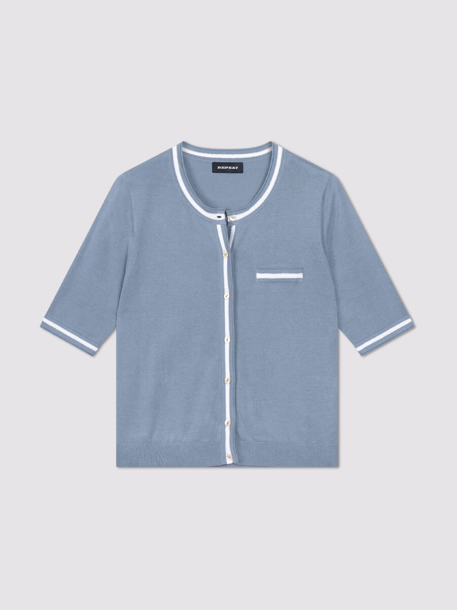 Kurzarm-Cardigan aus Baumwoll-Viskose mit Kontraststreifen image number 0