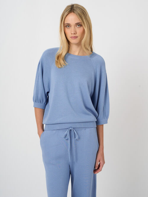 Fine-knit cotton-blend top with pleated sleeves