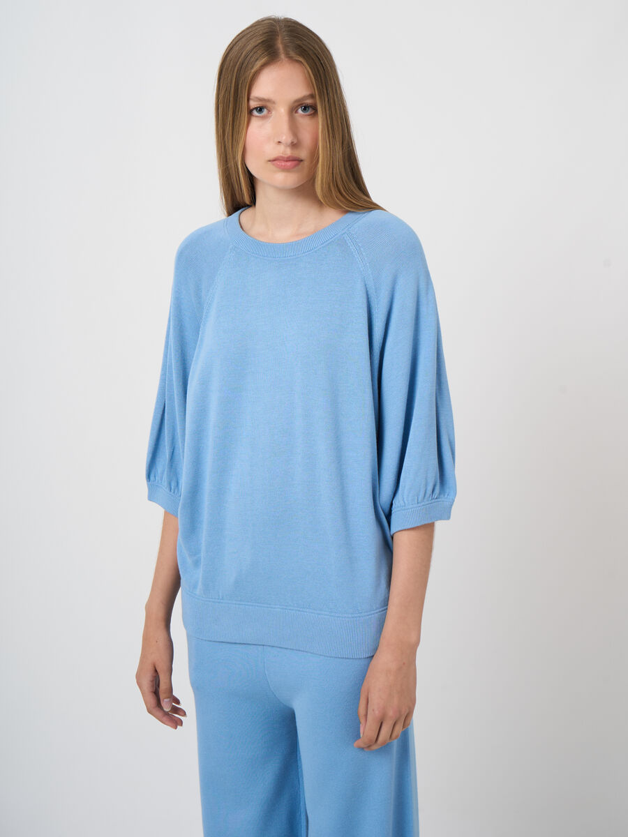 Fine-knit cotton-blend top with pleated sleeves image number 2