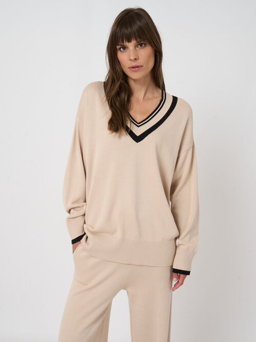 Contrast-trim cotton-viscose v-neck sweater