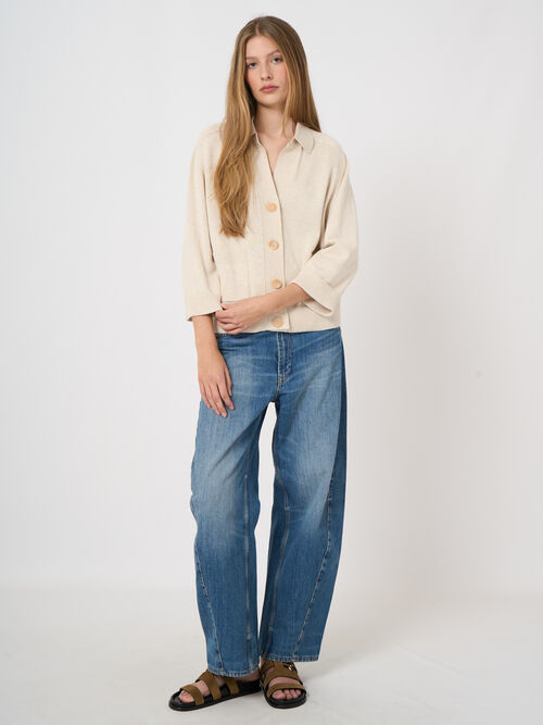 Cardigan col polo en coton-viscose, manches 3/4