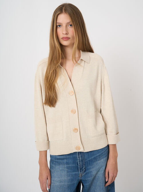 Cardigan col polo en coton-viscose, manches 3/4