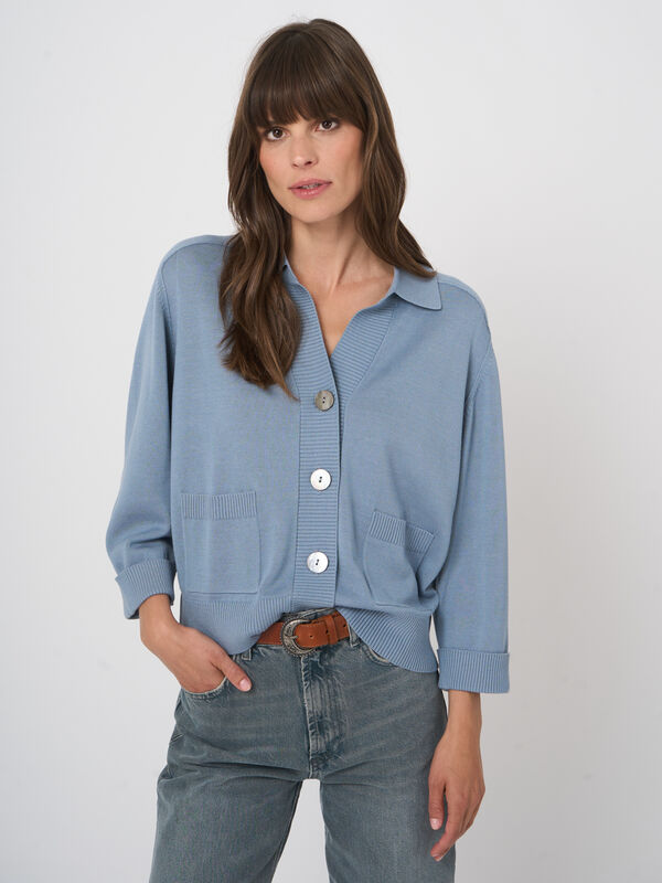 Polo-neck cotton-viscose cardigan image number 0