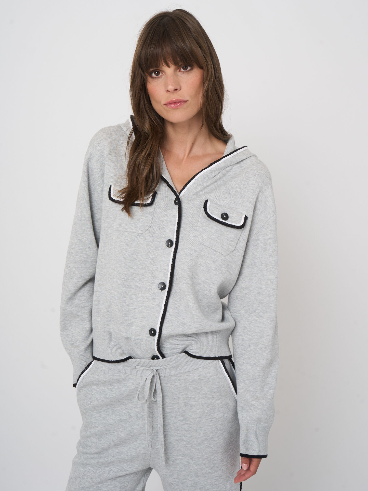 Hooded cotton-blend cardigan with contrast trim