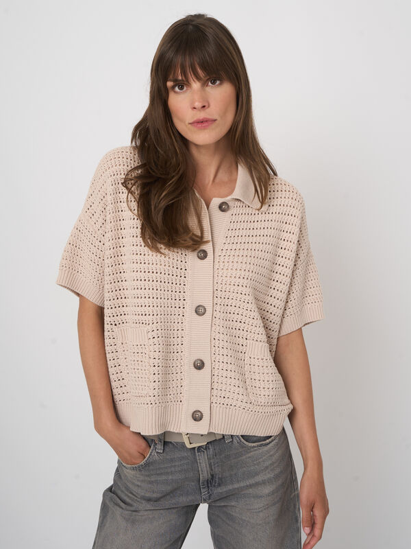 Openwork cotton polo cardigan image number 3