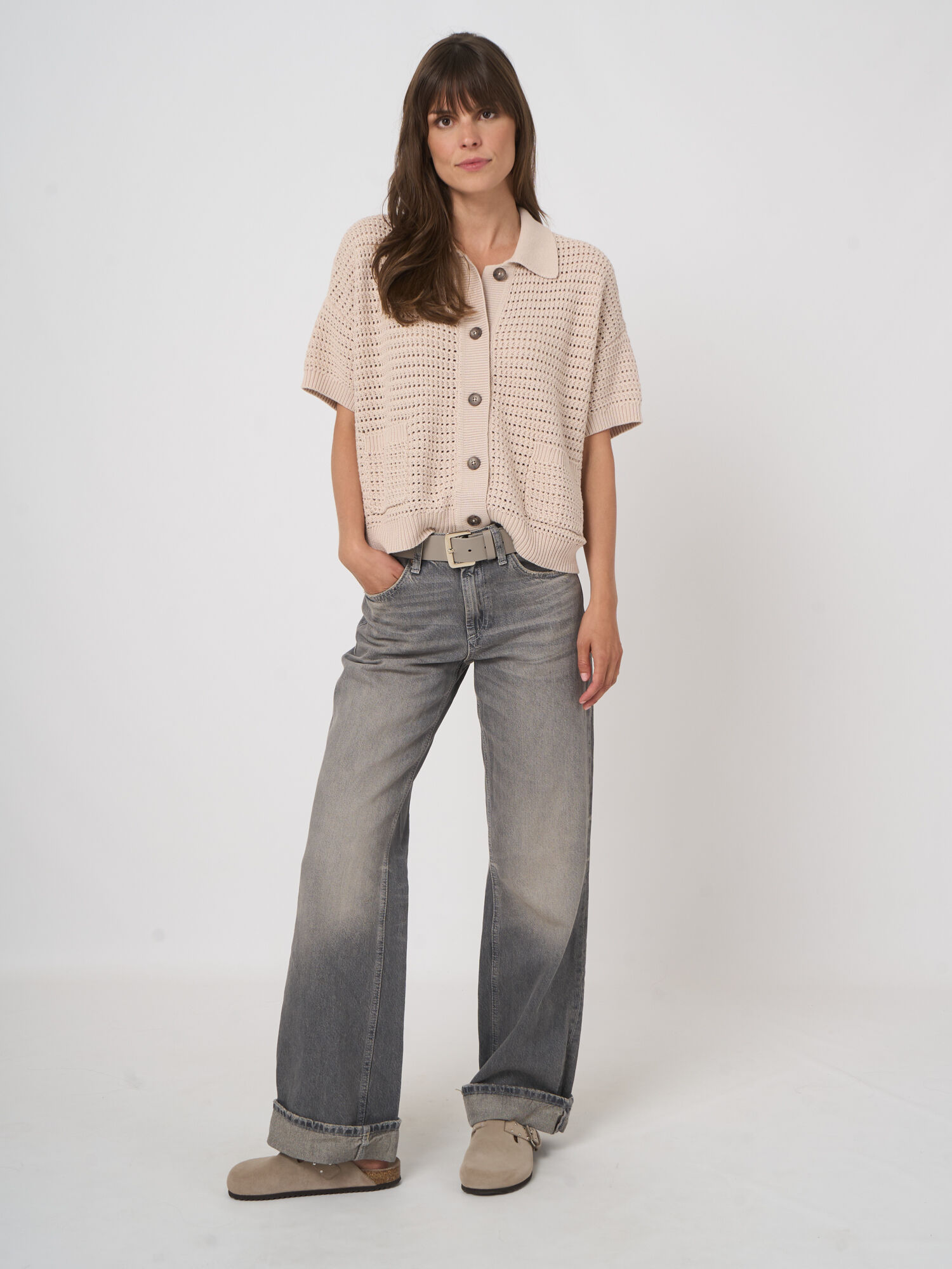 Openwork Cotton Polo Cardigan | REPEAT cashmere