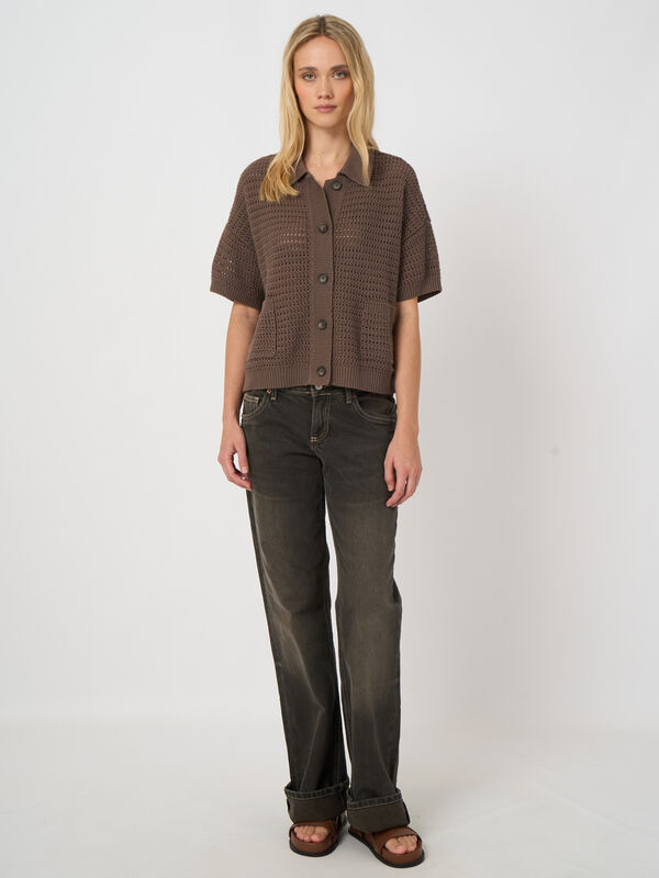 Ajour-Strickjacke aus Baumwolle mit Polokragen image number 1