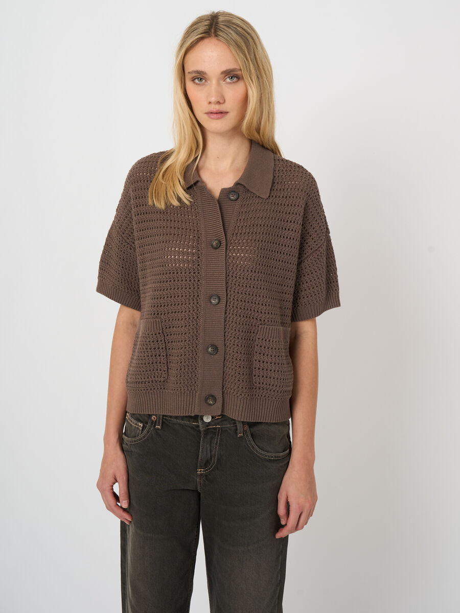 Openwork cotton polo cardigan image number 3