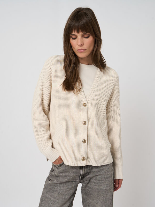 Textured cotton waffle-knit cardigan image number 4