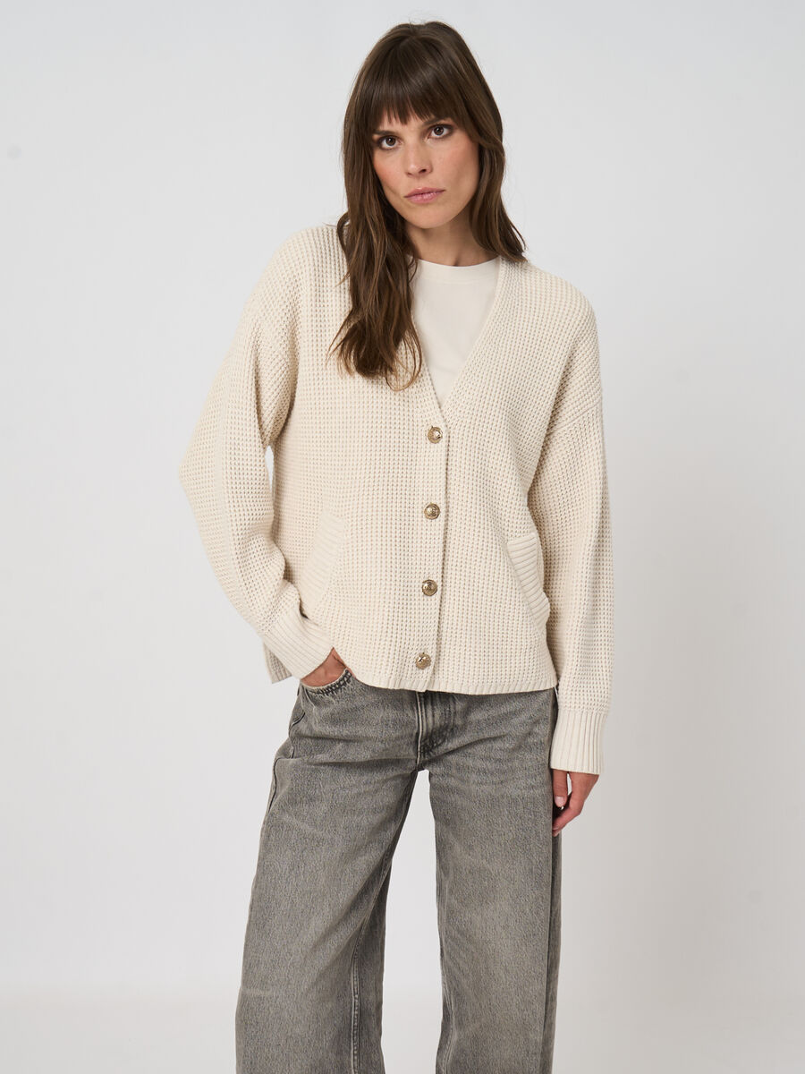 Textured cotton waffle-knit cardigan image number 6
