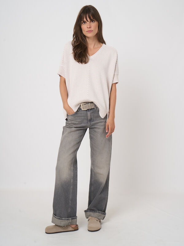 V-neck cotton knit poncho image number 1