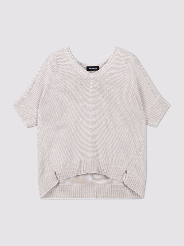 V-neck cotton knit poncho image number 3